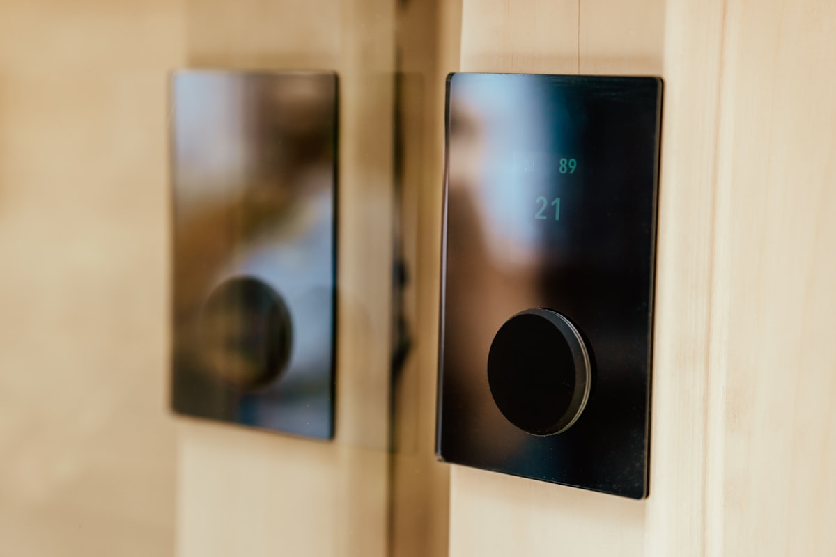 Premium smart door lock on a modern wooden door