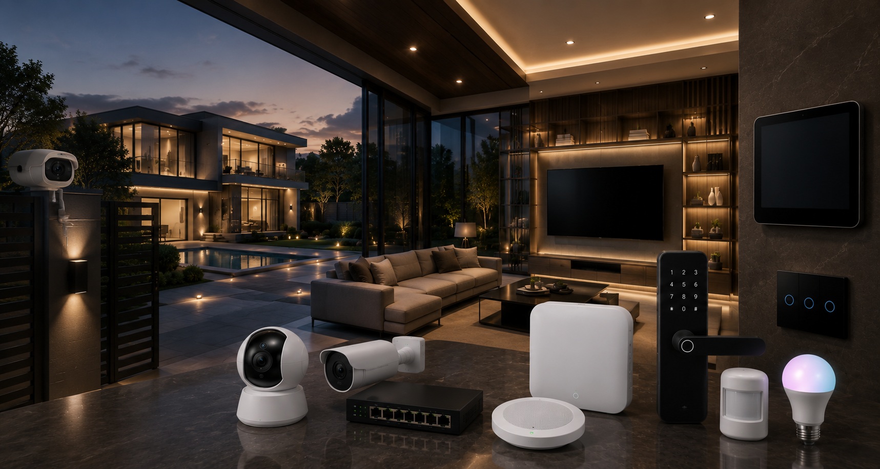 Luxury smart home living room at evening with warm architectural lighting and large glass windows