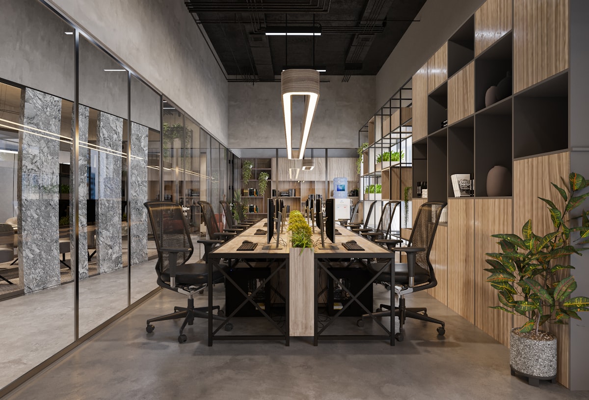 Modern technology-enabled office with glass meeting rooms